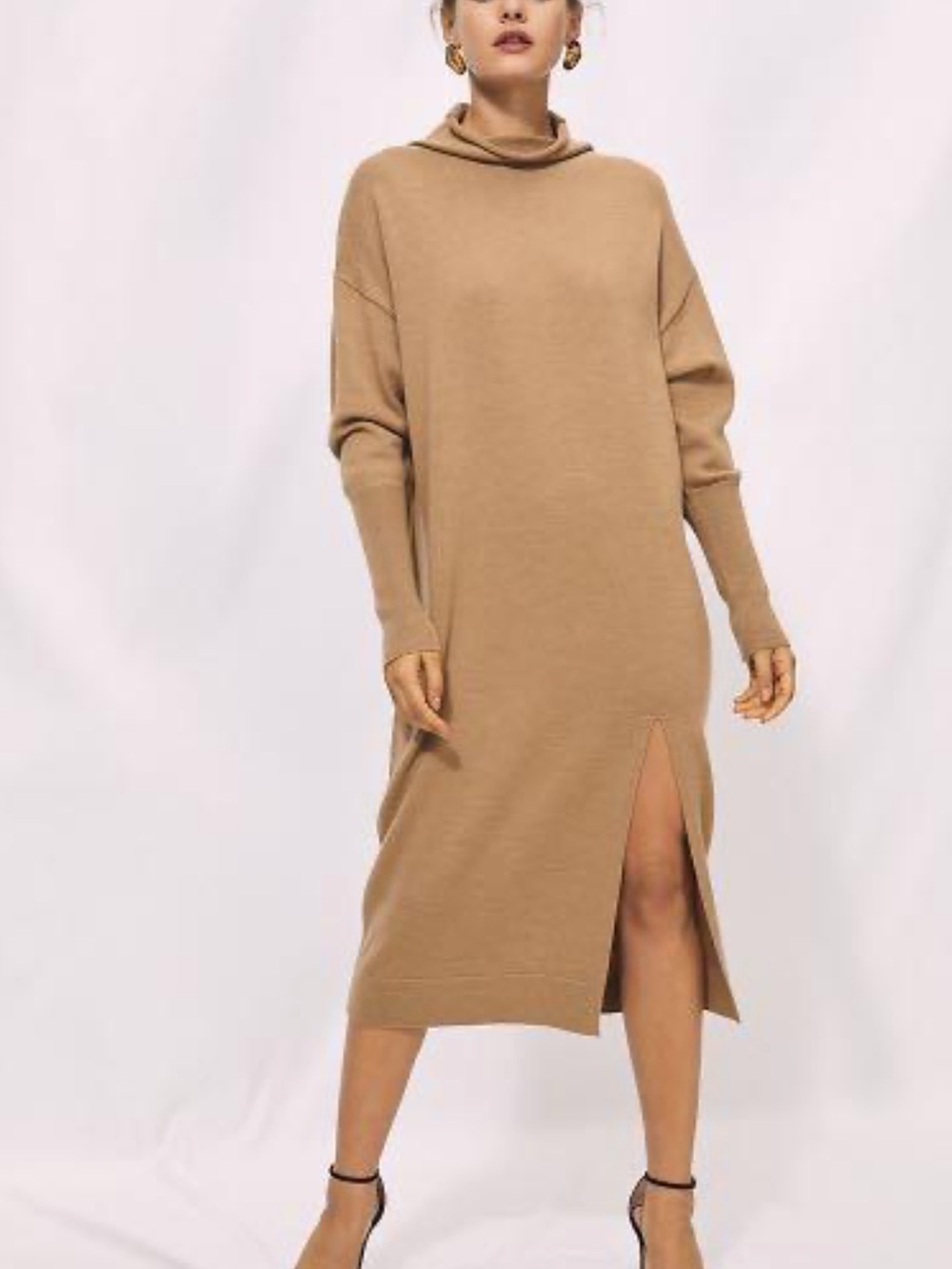 Wilfred Camel Turtleneck Knit Midi Sweater Dress